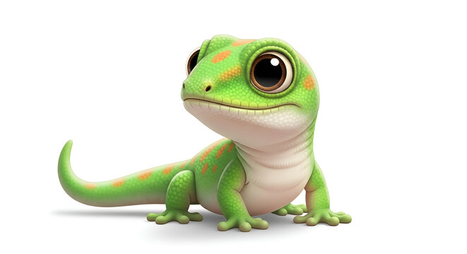 Cute 3D green gecko with large expressive eyes and realistic skin details. An adorable character rendered in high quality against a clean minimalist background.