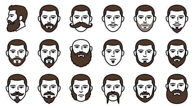 Collection of diverse male beard styles and facial hair illustrations for grooming and style guides