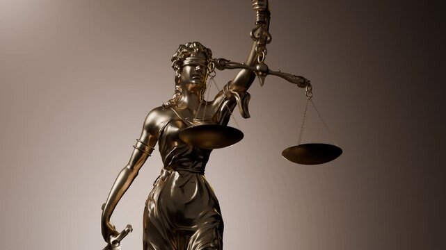 Lady Justice statue close up in 4k video, representing goddess of justice with blindfold holding scales and sword, legal law system, courthouse authority, attorney and judgment concept.