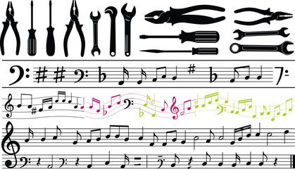 Music Notes Staff Symbols and Hand Tools Vector Collection with Musical Notation and Workshop Equipment Icons © MstRostama