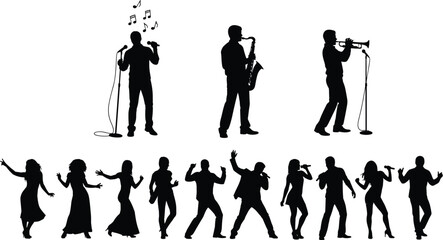 Music Performance Silhouette Collection with Singers Musicians Dancers and Live Concert Entertainment Vector Set © MstRostama