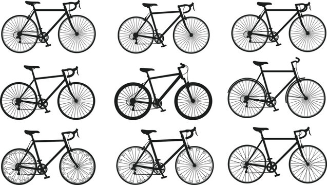 Road Bicycle Collection with Racing Bike Silhouettes Vintage Wheel Designs and Cycling Vector Set
