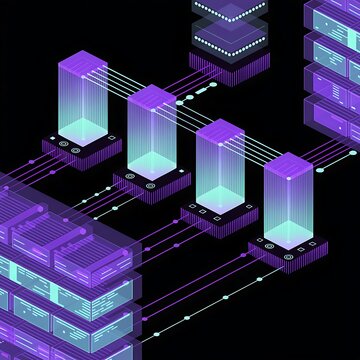 Futuristic data center server farm architecture with isometric flow lines and glowing information nodes for cloud networking isometric technology information infrastructure computing