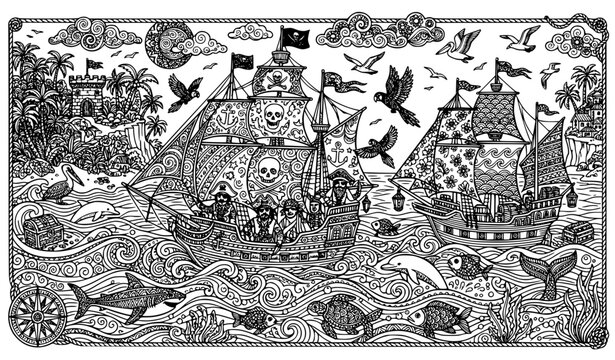 Zentangle pirate ship seascape coloring page vector illustration