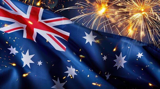 Australian flag fluttering in a night sky filled with bright fireworks