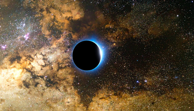 Cosmic Eclipse: A dramatic black hole looms in the vast expanse of space, silhouetted against a backdrop of swirling nebulae and distant stars, an awe-inspiring celestial phenomenon.