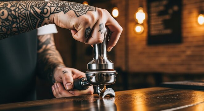 Professional Tattooed Barista Tamping Fresh Ground Coffee in Portafilter at a Modern Cafe Counter