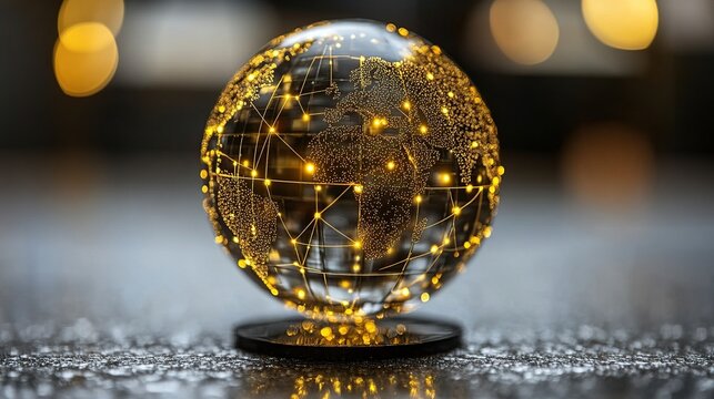Golden interconnected network sphere glowing with digital data points against warm bokeh backdrop