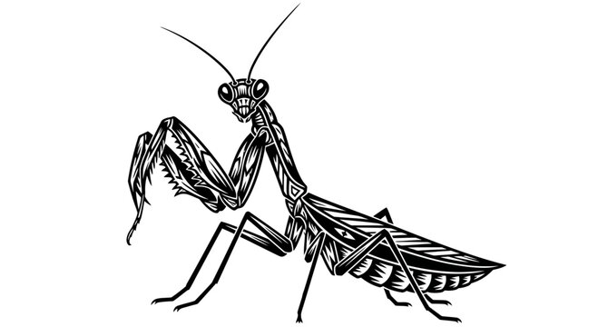 Detailed black and white illustration of a praying mantis showcasing its intricate features.
