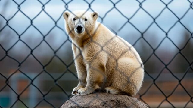A captive polar bear sits on a rock, viewed through a metal chain-link fence at a zoological park.