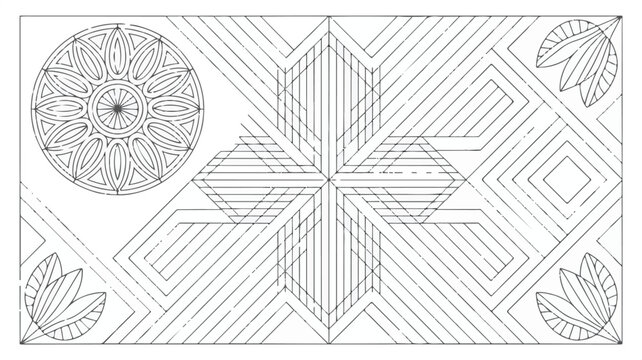 Geometric Pattern with Floral Motifs and Mandala Design Line Art