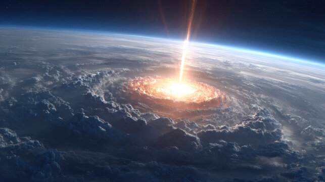 Planet impact explosion fire cloud atmosphere space horizon crater destruction blast meteor sky light energy smoke shock wave storm fireball impact site celestial orbit earth disaster danger