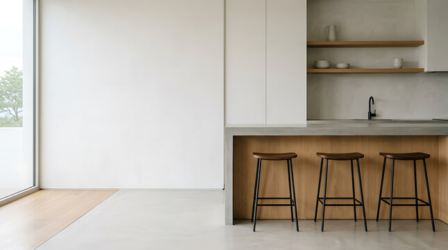Modern minimalist kitchen interior with wooden island and bar stools