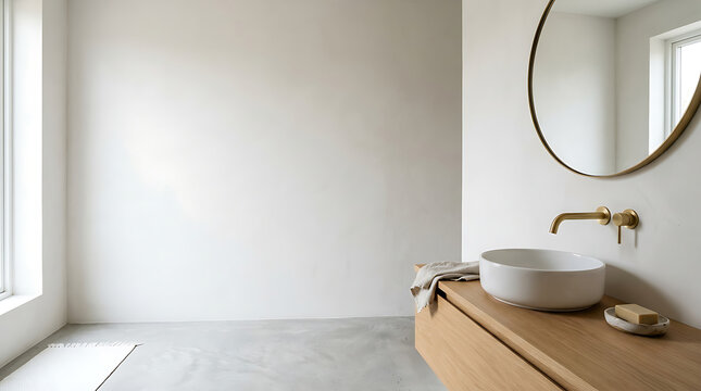 Minimalist modern bathroom interior with white vessel sink