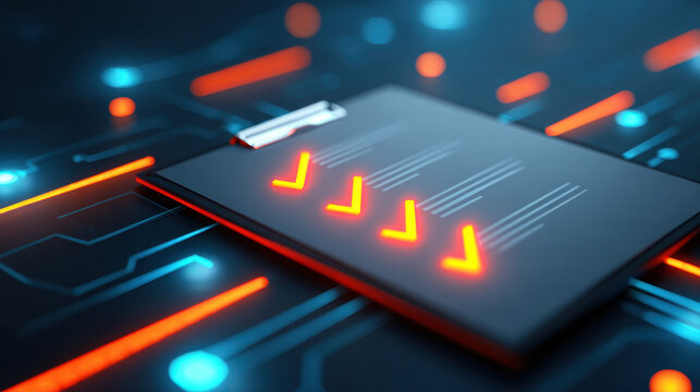 Clipboard with check mark digital checklist neon glow dark background technology document task verification approval control