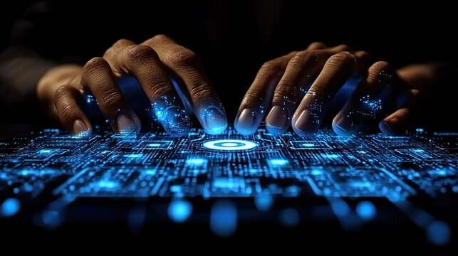 Hands Hovering Over a Glowing Blue Digital Keyboard Beneath a Dark Background Creating a Futuristic Tech Scene