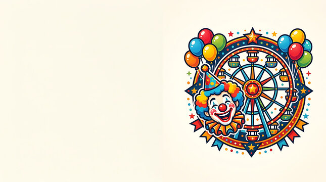 Colorful amusement park emblem with happy clown and ferris wheel
