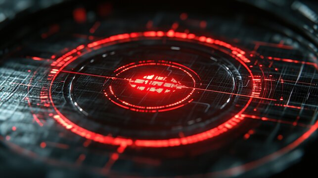 Highly detailed futuristic red circular HUD interface with targeting reticle and digital grid