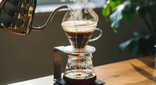 Professional Pour Over Coffee Brewing Process with Hot Water Steam and Glass Carafe on Wooden Table