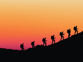 Fototapeta premium Modern hiking silhouette scene with mountain trail and sunset sky. Perfect for adventure travel promotions, trekking events, outdoor branding, tourism campaigns, and hiking-related projects.