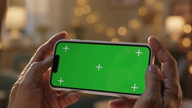 Hands holding smartphone with green screen in landscape orientation