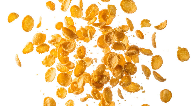 Corn flakes cereal splash falling pieces isolated on transparent background