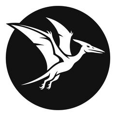 White pterodactyl flying in black circular frame on white background icon © designer_hubs