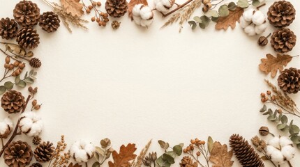 Obraz premium Autumnal frame with pine cones and cotton on white background