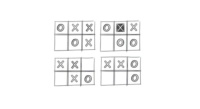 Four tic tac toe boards with various game states isolated on transparent background