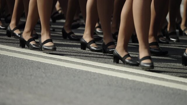 Close-up sequence of synchronized marchers' legs in uniform black heeled shoes stepping in formation along a road with center lines, highlighting coordinated movement