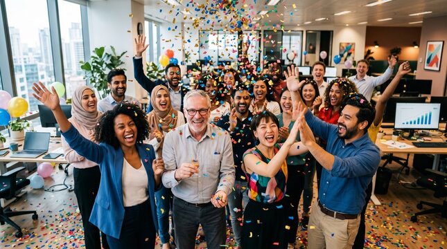 Diverse office team celebrates success with confetti and cheers in modern workspace