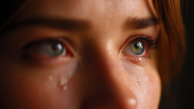 Sad eyes close up portrait tearful face young woman emotional expression skin detail soft light