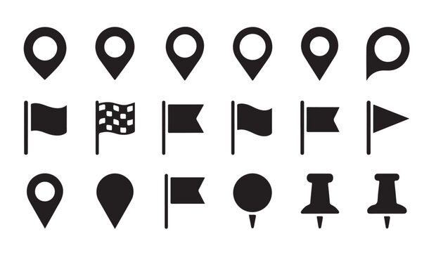 map pointer and flag icons set. collection of various location and marker symbols.