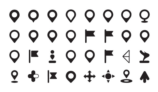 Arrangement of location markers flags and directional arrows for maps and navigation.