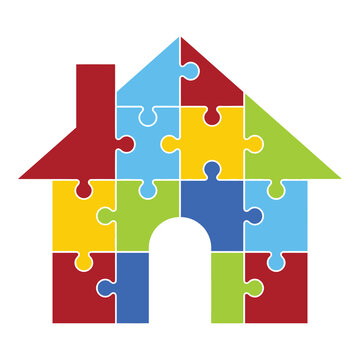 Colorful puzzle pieces forming a house shape on white background icon