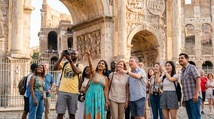 Naklejka premium Diverse group of tourists exploring ancient Roman landmarks and taking photos