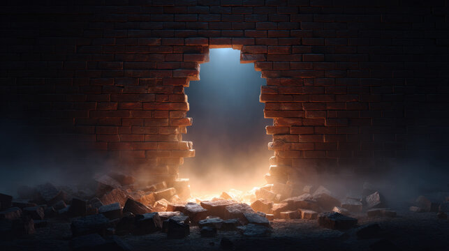Dark brick wall broken hole glowing light smoke rubble dramatic scene cinematic background damaged wall brick texture opening wall hole fog debris interior mystery destruction dark background