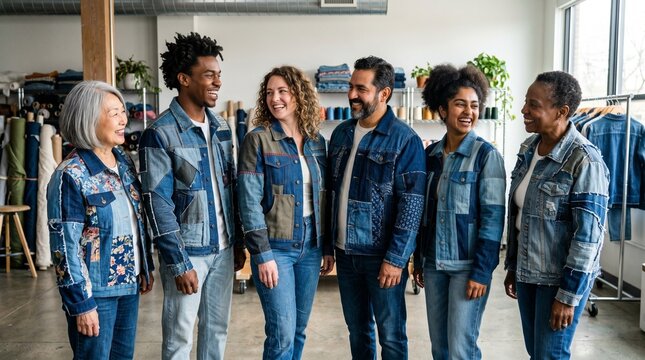 Diverse group of people wearing unique upcycled denim patchwork jackets