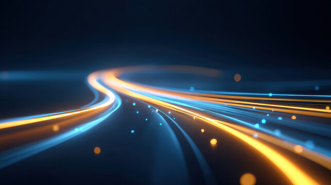 Abstract light trail neon curve dark background motion blur futuristic scene glowing line blue orange digital render dynamic composition energy flow