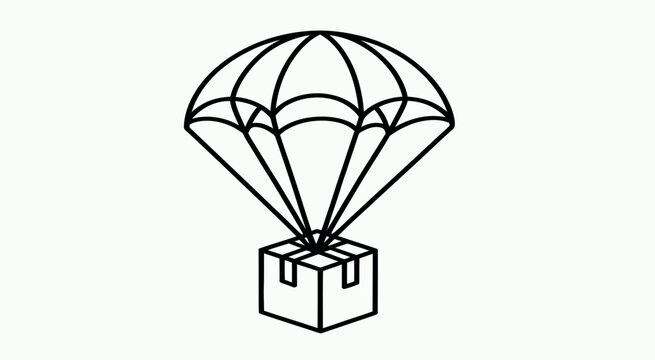 square package suspended from parachute, creative air drop delivery icon with minimalist design style, perfect for shipping companies, transport graphics and supply chain concepts.
