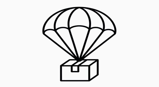 parachute delivery box illustration, floating square package with suspension cords in clean vector style, transportation and cargo service symbol isolated on white background.