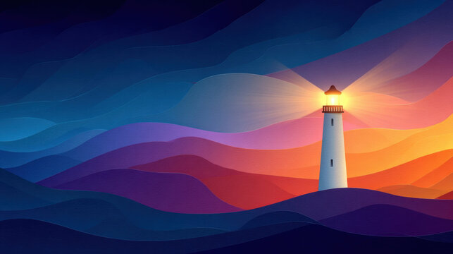Abstract lighthouse at sunset over layered wave landscape, glowing beacon and colorful sky, serene coastal scene with dramatic light and bold color