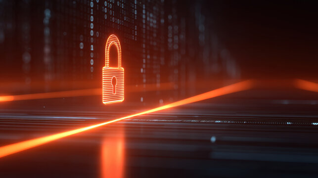 Glowing padlock over digital code background, cyber security concept with orange light and data stream