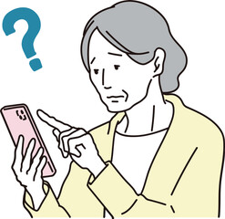 Fototapeta premium 困った表情でスマホ操作をするシニア女性のイラスト素材
