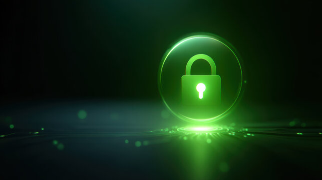 Glowing digital padlock green security icon network connection cyber security data protection virtual lock technology background digital safety encryption system online privacy