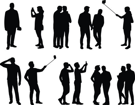 Collection of people silhouette icons using smartphones in standing and group poses for modern lifestyle and technology design projects