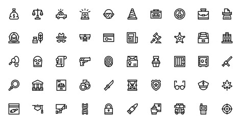 Law and Justice icon set. Minimal line vector icons pack. Featuring courthouse, judge, handcuffs, police car, balance, evidence, gavel, handcuffs, fingerprint, badge, jail, law book, witness, agreemen © wang
