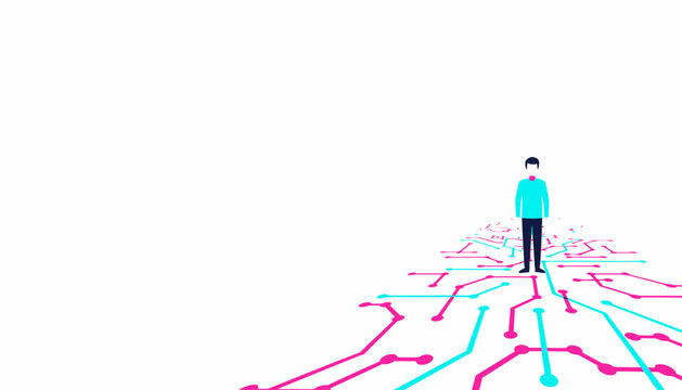 Man standing on a digital circuit board path representing technology, data, and future innovation