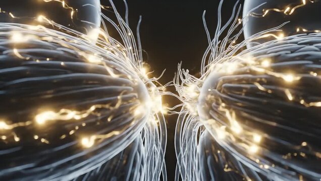 Muscle tissue regenerating during recovery and sleep, soft glowing repair signals moving rhythmically through transparent muscle fibers