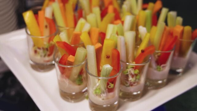 Vegan vegetarian snacks on decorated catering banquet table, with different salads, vegetable, cucumbers, pepper, carrot and celery sticks on corporate birthday party event or wedding reception 
